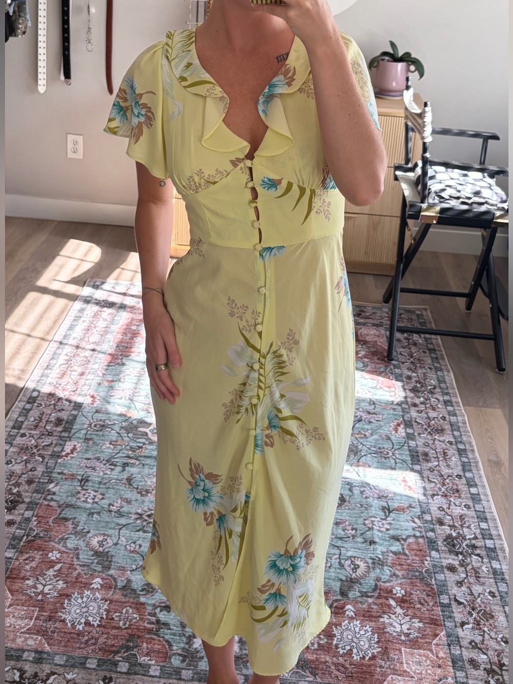 Urban Outfitters Yellow Floral Ruffle Button Front Midi Dress Size Small